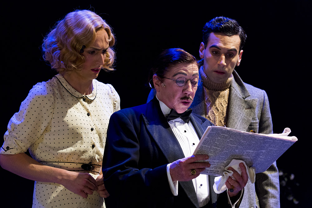 Production still for the STC season of "Calpurnia Descending". L-R: Ash Flanders, Sandy Gore, Peter Paltos. Photographer: Brett Boardman