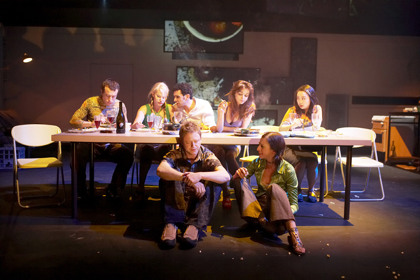 Production still for "Criminology". L-R: (rear) Chris Ryan, Samantha Tolj, Hazem Shammas, Bojana Novakovic, Jing-Xuan Chan; (front) Simon Maiden, Gemma Cavoli. Photographer: Ross Bird