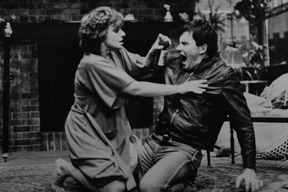 Production still for "Extremities". L-R: Linden Wilkinson as Marjorie, Nicholas Eadie as Raul. Photographer: David B. Simmonds