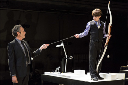 Production still for "Edward II". L-R: Marco Chiappi as Mortimer, Julian Mineo as The Boy. Photographer: Pia Johnson