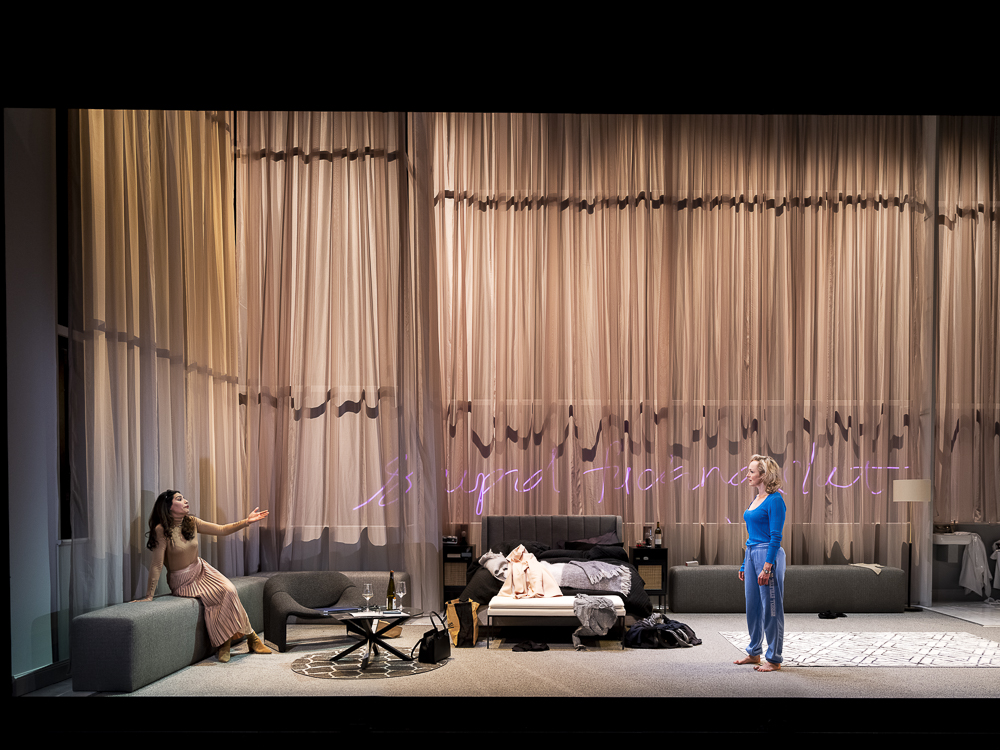 Production still for the 2022 Season of 'Anna K'. L-R: Louisa Mignone, Caroline Craig. Photographer: Pia Johnson