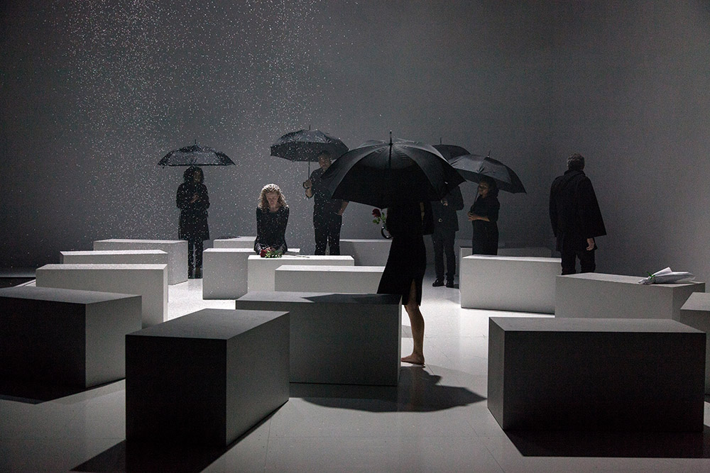 Production still for "Love and Information". L-R: Zahra Newman, Alison Whyte, Anthony Taufa, Anita Hegh, Glenn Hazeldine, Ursula Yovich, Marco Chiappi. Photographer: Pia Johnson