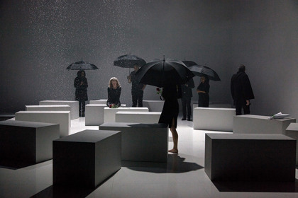 Production still for "Love and Information". L-R: Zahra Newman, Alison Whyte, Anthony Taufa, Anita Hegh, Glenn Hazeldine, Ursula Yovich, Marco Chiappi. Photographer: Pia Johnson