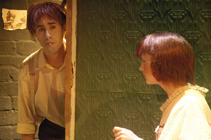 Production still for "The Black Swan of Trespass". L-R: Christopher Brown, Katie Keady. Photographer: Brett Boardman