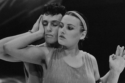 Production still for "This Antigone". L-R: Alan Knoepfler, Terrie Waddell. Photographer: David B. Simmonds