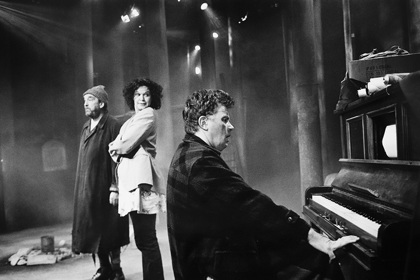 Production still for "Nowhere". L-R: Peter Cummins as Josh, Leah Purcell as Vonnie, Russell Kiefel as Snow. Photographer: Jeff Busby