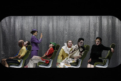 Production still for "Optimism". L-R: David Woods, Francis Greenslade, Amber McMahon, Hamish Michael, Barry Otto, Frank Woodley, Alison Whyte. Photographer: Jeff Busby