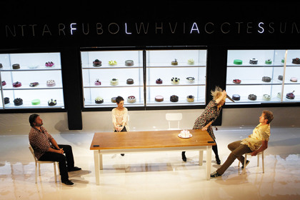 Production still for "Porn.Cake". L-R: Luke Elliot as Bill, Christen O'Leary as Anne, Heather Bolton as Bella, Travis McMahon as Ant. Photographer: Jeff Busby 