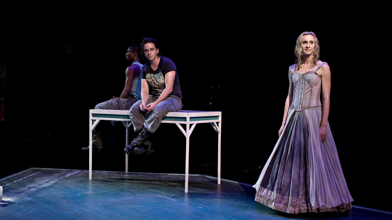 Production still for "Happiness". L to R: Terry Yeboah, Todd Macdonald, Natasha Herbert. Photographer: Belinda Strodder