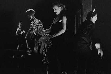 Production still for "The Black Sequin Dress". L-R: Margaret Mills, Natasha Herbert, Ian Scott. Photographer: Jeff Busby