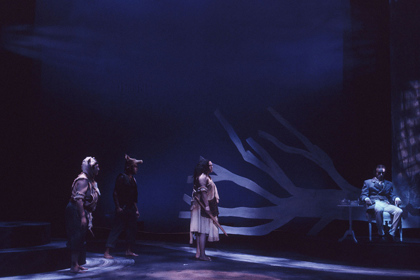 Production still for "Yanagai! Yanagai!". L-R: Lou Bennett, Bryan Andy, Lisa Maza, David Adamson. Photographer: Ponch Hawkes