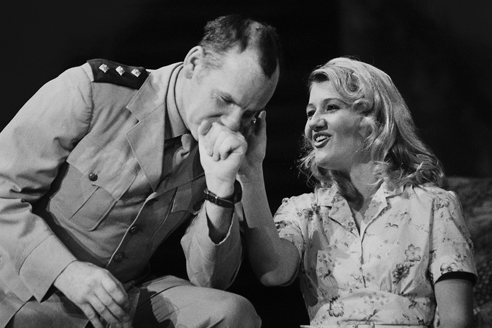 Production still for "The Language of the Gods". L-R: Robert Morgan, Alexandra Sangster. Photographer: Jeff Busby