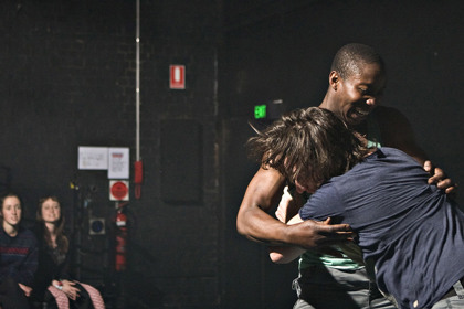 Production still for "Happiness". L to R: Terry Yeboah, Todd Macdonald. Photographer: Belinda Strodder