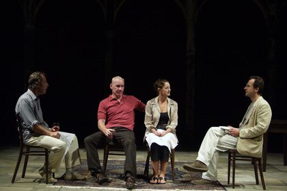 Production still for "Night Letters". Patrick Dickson as Peter, Robert Morgan as Harry, Jeanette Cronin as Jill, Humphrey Bower as Robert. Photographer: Unknown
