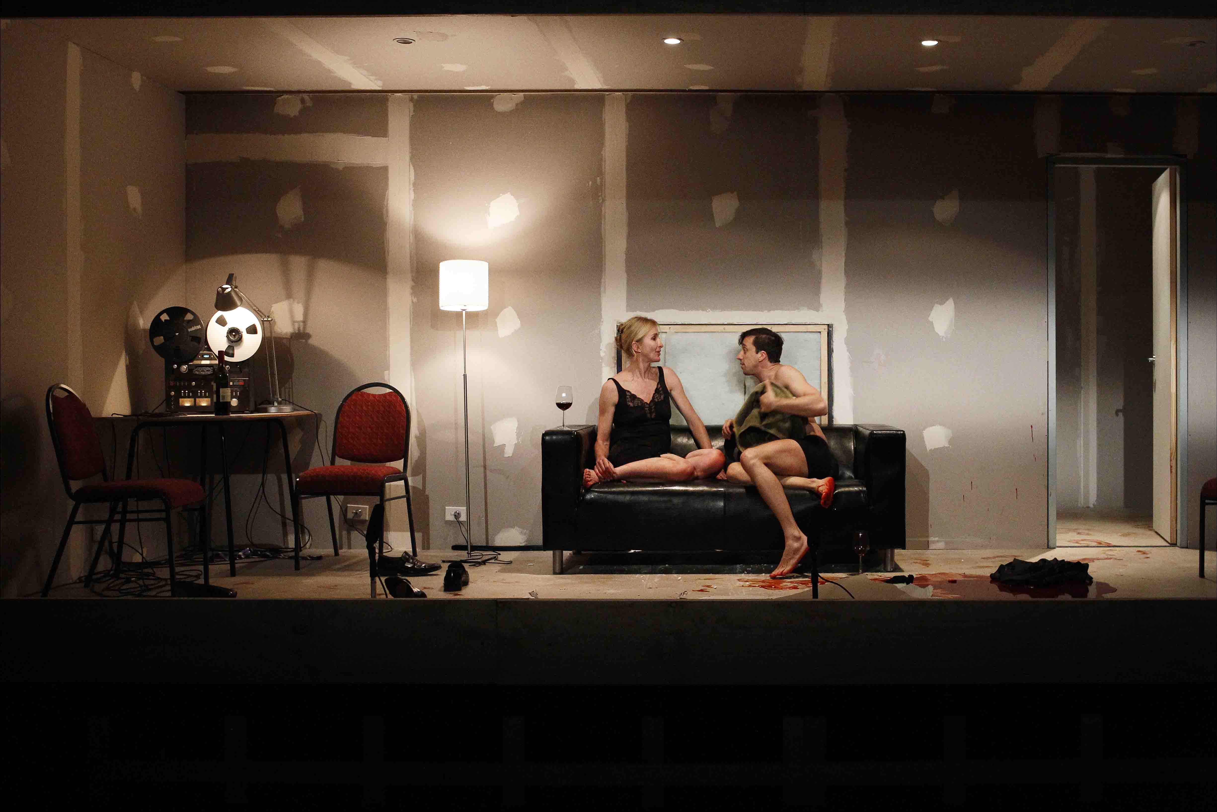 Production still for "On the Misconception of Oedipus". L-R: Natasha Herbert as Jocasta, Richard Pyros as Oedipus. Photographer: Jeff Busby