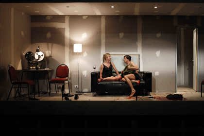 Production still for "On the Misconception of Oedipus". L-R: Natasha Herbert as Jocasta, Richard Pyros as Oedipus. Photographer: Jeff Busby