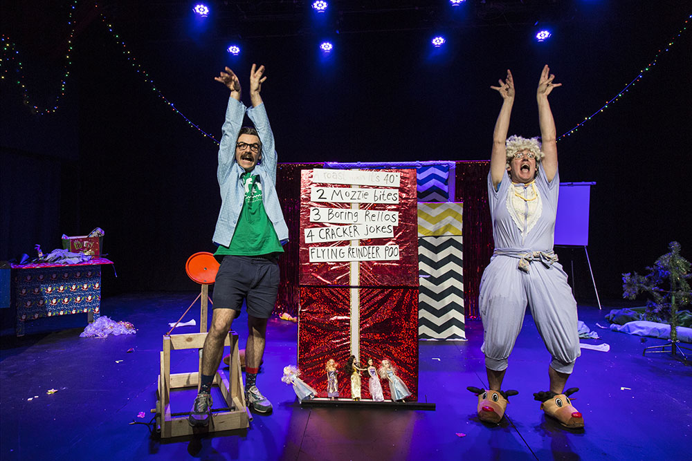 Production still for "The Listies Ruin Christmas". L-R: Richard Higgins, Matt Kelly. Photographer: Pia Johnson