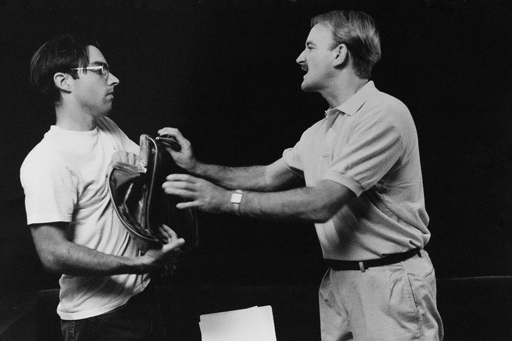 Production still for tour of "Sanctuary". L-R: Felix Williamson as John Alderston, William Gluth as Robert 'Bob' King. Photographer: Jeff Busby