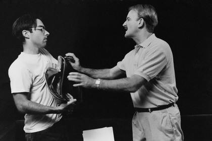 Production still for tour of "Sanctuary". L-R: Felix Williamson as John Alderston, William Gluth as Robert 'Bob' King. Photographer: Jeff Busby
