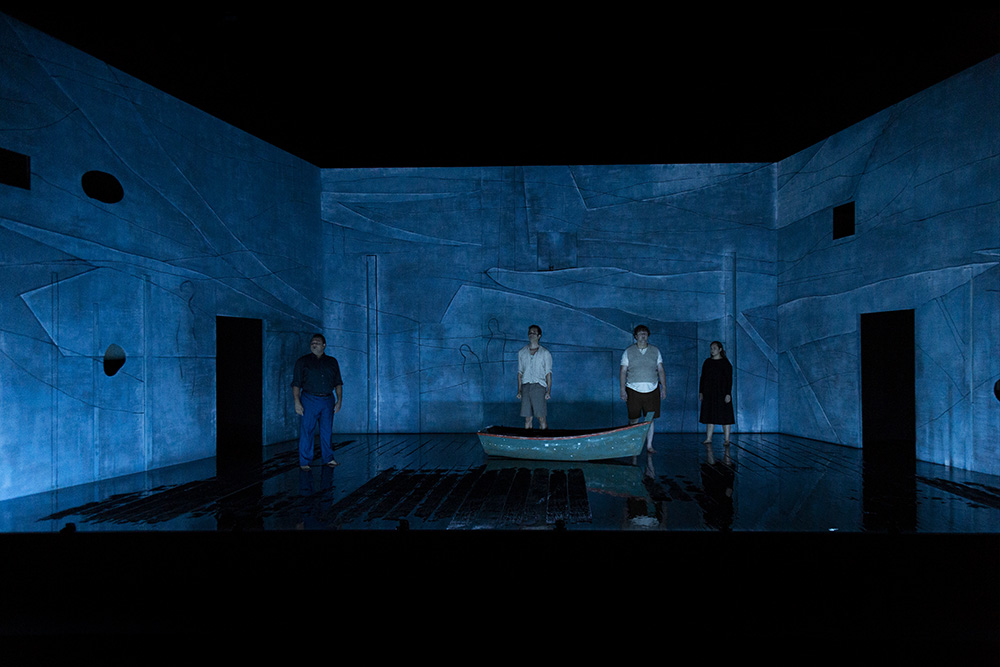 Production still for "Cloudstreet". L-R: Ian Michael, Guy Simon, Benjamin Oakes, Ebony McGuire. Photographer: Pia Johnson