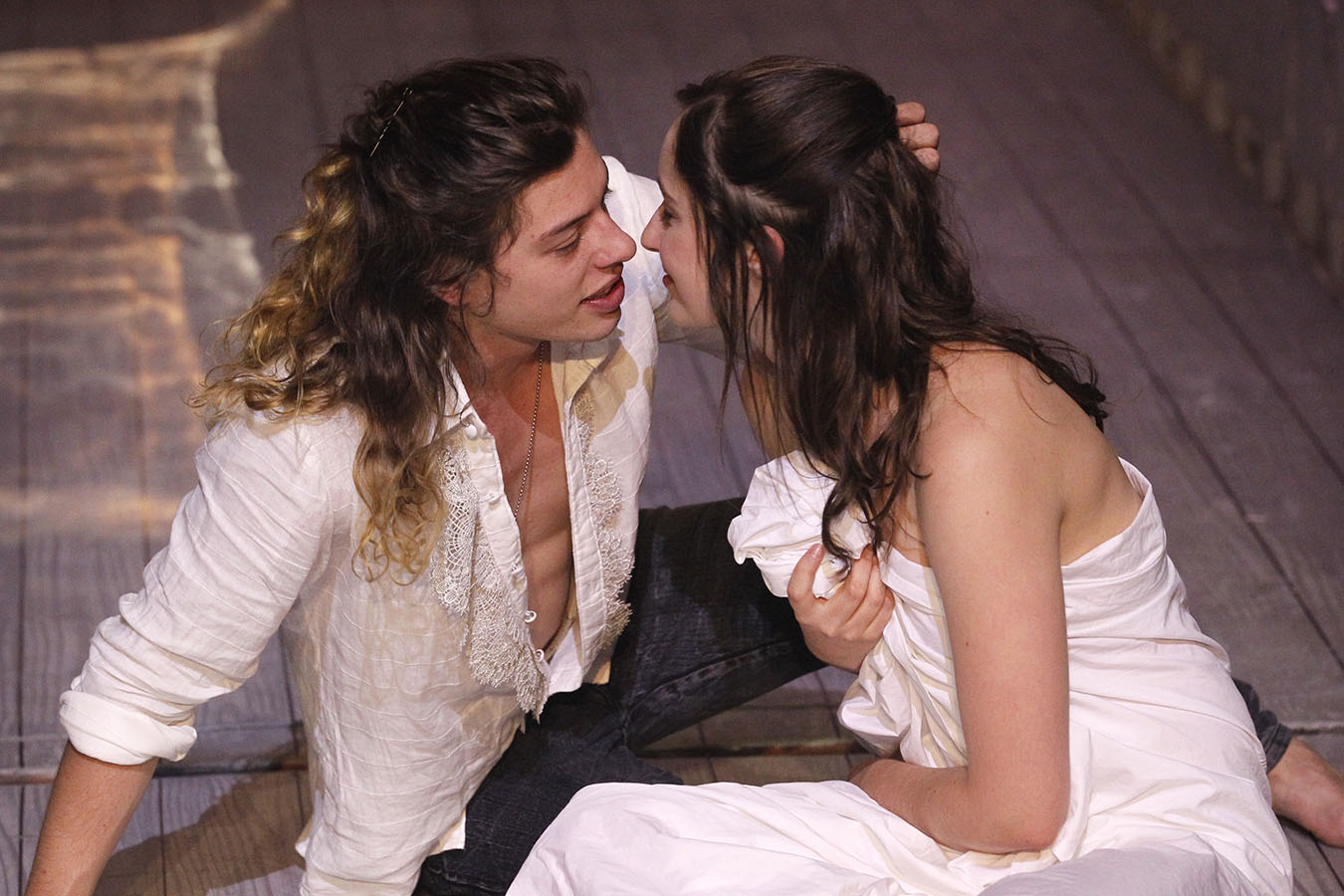 Production still for "'Tis Pity She's a Whore". L-R: Benedict Samuel as Giovanni, Elizabeth Nabben as Annabella. Photographer: Jeff Busby