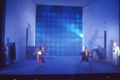 Production still for "Miss Tanaka". L-R: Bradley Byquar as Kazuhiko, Tam Phan as Mr Tanaka, Tony Yap as Hanif, Yumi Umiumare as Sakamoto, Jeremy Stanford as Mott. Photographer: Jeff Busby