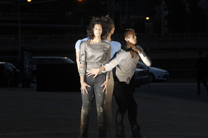 Production still for "Depth of Field". L-R: Niharika Senapati, Tara Jade Samaya, James Vu Anh Pham. Photographer: Jeff Busby