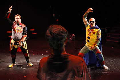 Production still for "Super Discount". L-R: Brian Tilley, Simon Laherty (front), David Woods. Photographer: Jeff Busby