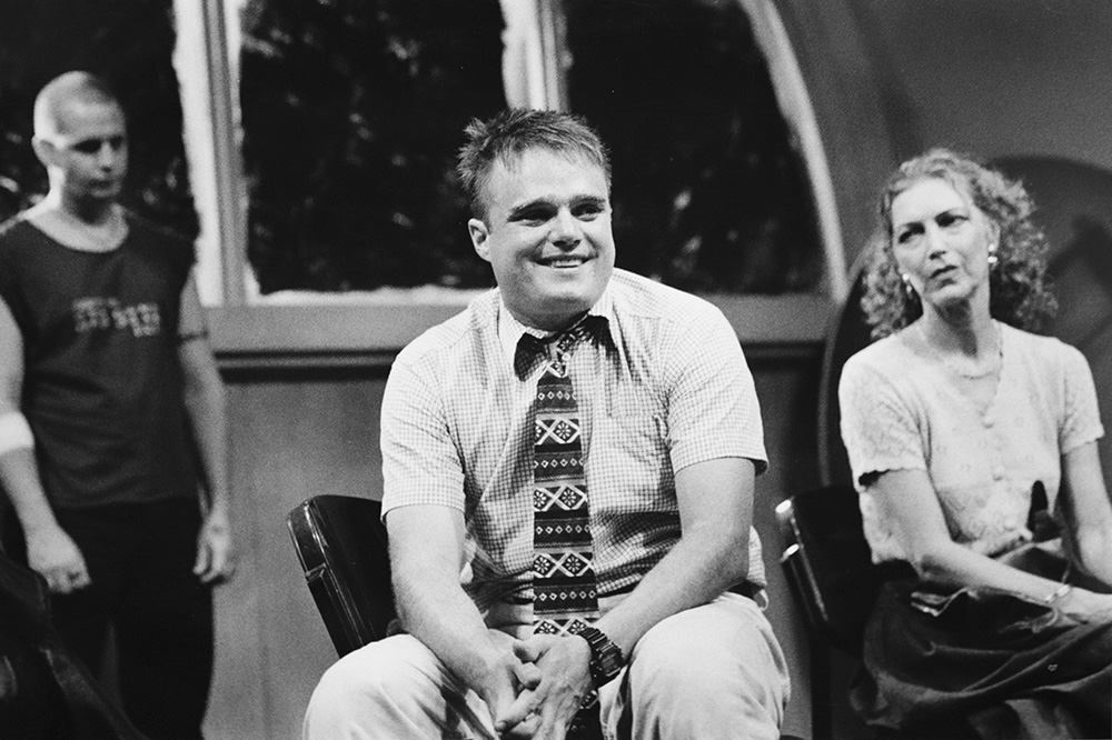 Production still for "Face to Face". L-R: Scott Gooding as Barry, Damien Richardson as Glen, Gina Gaigalis as Maureen. Photographer: Jeff Busby