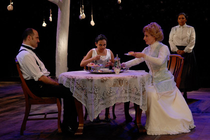 Production still for Sydney season of "Yibiyung". L-R: Russell Dykstra as the Farmer, Miranda Tapsell as Yibiyung, Sybilla Budd as Lady, Roxanne McDonald as Cook. Photographer: Heidrun Löhr
