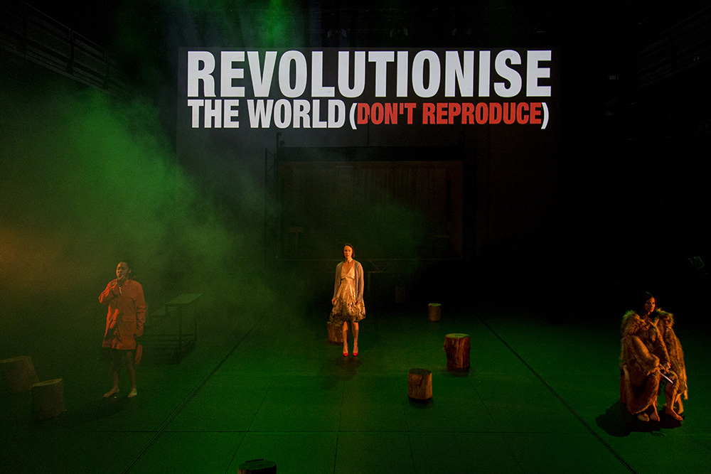 Production still for "Revolt. She Said. Revolt Again." L-R: Elizabeth Esguerra, Belinda McClory, Ming-Zhu Hii. Photographer: Pia Johnson