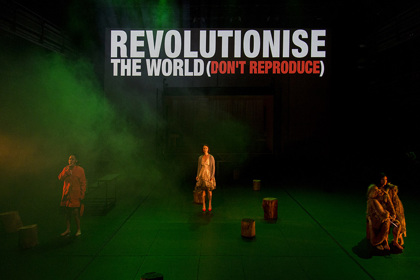 Production still for "Revolt. She Said. Revolt Again." L-R: Elizabeth Esguerra, Belinda McClory, Ming-Zhu Hii. Photographer: Pia Johnson