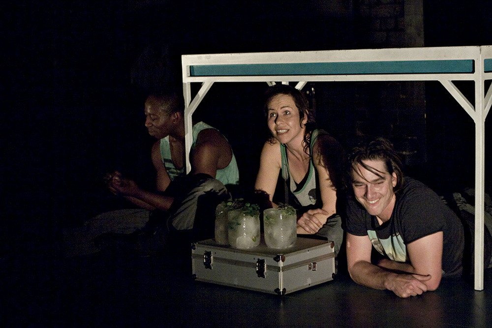 Production still for "Happiness". L to R: Terry Yeboah, Jodie Le Vesconte, Todd Macdonald. Photographer: Belinda Strodder