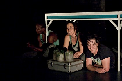 Production still for "Happiness". L to R: Terry Yeboah, Jodie Le Vesconte, Todd Macdonald. Photographer: Belinda Strodder