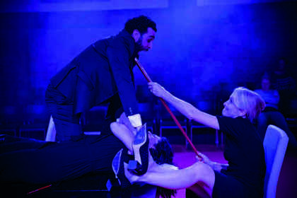 Production still for "Trustees". L-R: Hazem Shammas, Natasha Herbert. Photographer: Nicolai Khalezin