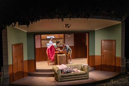 Production still for the 2022 Season of 'K-BOX'. L-R: Maude Davey, Susanna Qian, Syd Brisbane. Photographer: Phoebe Powell