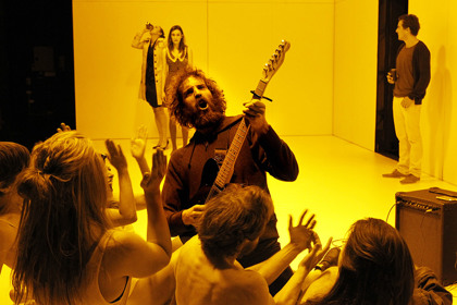 Production still for "Baal". L-R: (rear) Katherine Tonkin, Geraldine Hakewill, Chris Ryan; Thomas M Wright (centre). Photographer: Jeff Busby