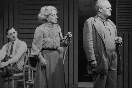 Production still for "Long Day's Journey into Night". L-R: William Zappa as Edmund, Monica Maughan as Mary, Malcolm Robertson as James. Photographer: Jeff Busby