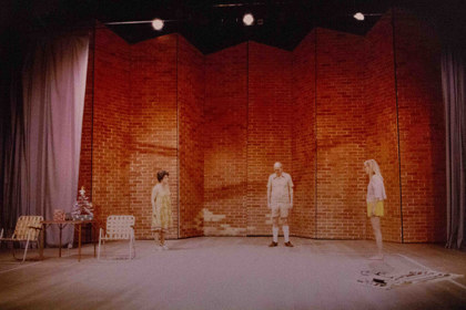 Production still for "Away". L-R: Evelyn Krape, Cliff Ellen, Sally Cooper. Photographer: Jeff Busby