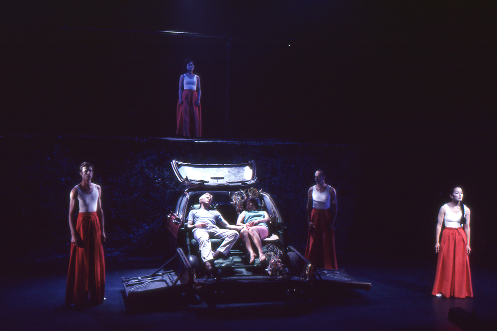 Production still from "Love Suicides". L-R: John Hunt, Yumi Umiumare (rear), Simon Wilton, Asako Izawa, Peter J. Wilson, Miki Oikawa. Photographer: Unknown