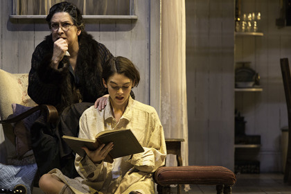 Production still for "The Glass Menagerie". L-R: Pamela Rabe as Amanda Wingfield, Rose Riley as Laura Wingfield. Photographer: Pia Johnson