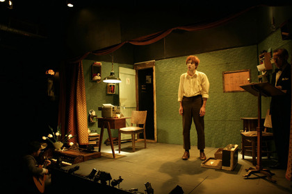 Production still from "The Black Swan of Trespass". L-R: Chris Kohn (on guitar), Christopher Brown, Gavan O'Leary. Photographer: Jeff Busby