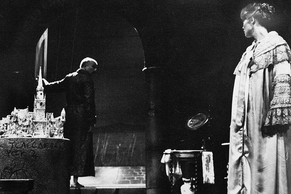 Production still for "The World is Made of Glass". Tim Robertson as Carl Jung, Belinda Giblin as Emma. Photographer: Chooi Tan