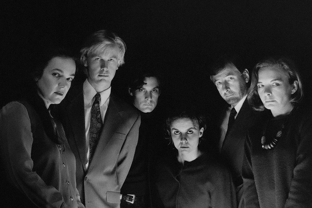 Pre-production still for "Underwear, Perfume, Crash Helmet". L- R: Janet Andrewartha, Simon Wilton, David Tredinnick, Tammy McCarthy, John Gregg, Penelope Stewart. Photographer: Jeff Busby