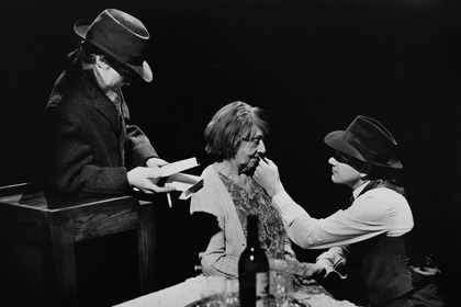 Production still for "The Newspaper of Claremont Street". L-R: Jane Bayly, Patricia Kennedy, Robert Morgan. Photographer: Jeff Busby