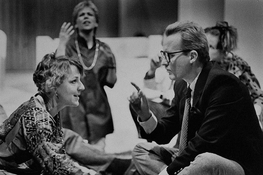 Production still for "Blue Window". L-R: Kirsty Child, Judith McGrath (rear), John O'May. Photographer: David B. Simmonds