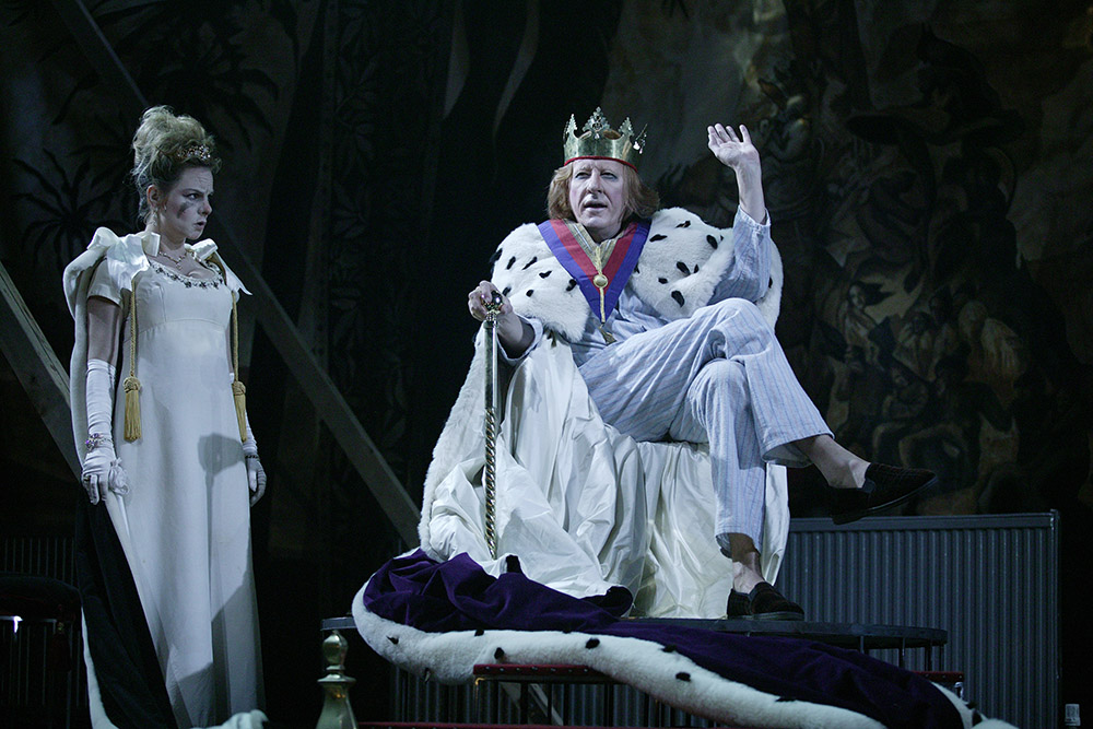 Production still for "Exit the King". L-R: Rebecca Massey, Geoffrey Rush. Photographer: Lisa Tomasetti