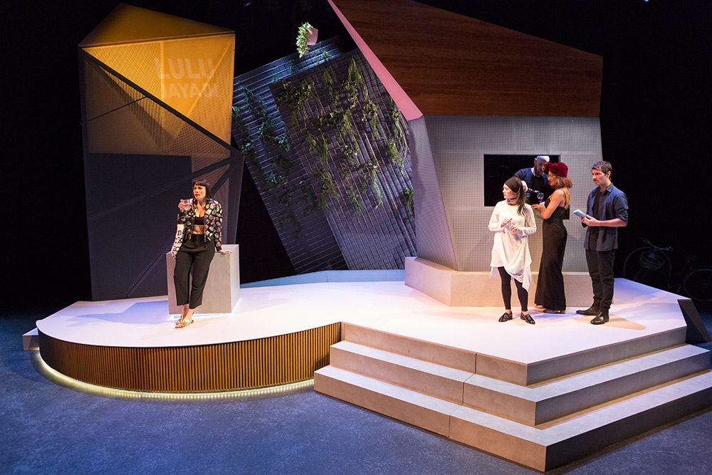 Production still from the STC season of "Going Down". L-R: Catherine Davies, Jenny Wu, Josh Price, Naomi Rukavina, Paul Blenheim. Photographer: Brett Boardman