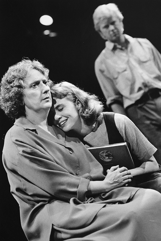 Production still for "Jerusalem". L-R: Kerry Walker, Tammy McCarthy, Simon Wilton. Photographer: Jeff Busby