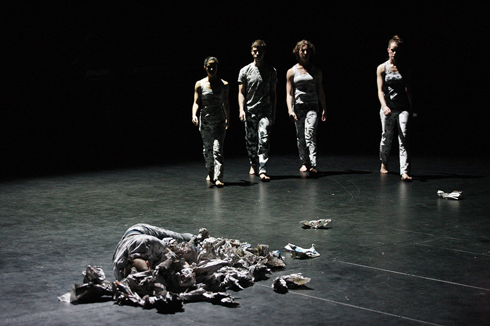 Production still for "Human Interest Story". L-R: Alisdair Macindoe (lying), Jessica Wong, Stuart Shugg, Talitha Maslin, Stephanie Lake. Photographer: Jeff Busby
